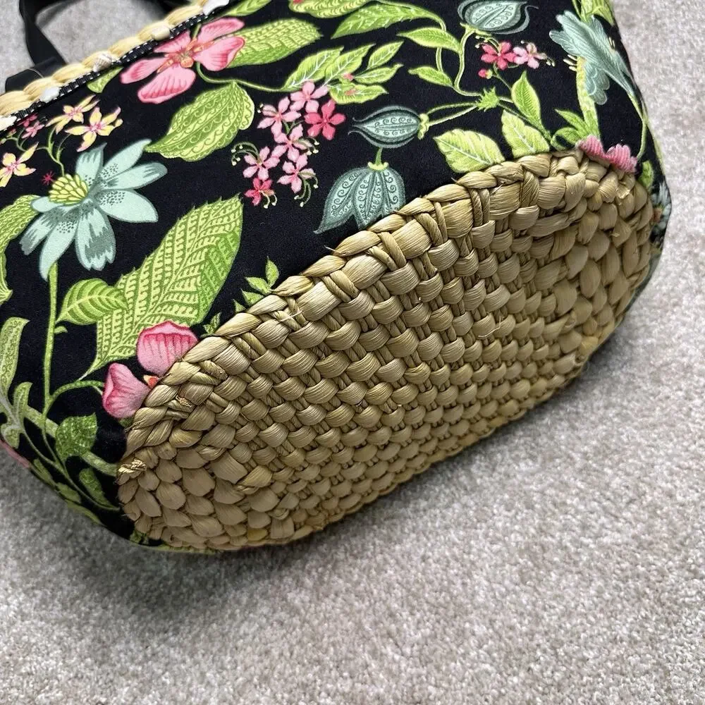 Vera Bradley Botanica Print Beach Tote Natural Woven Straw Sea Shell Bead Cruise